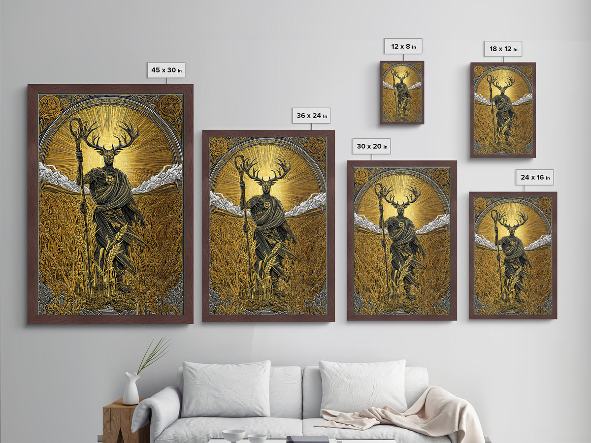 Norse God Frey Metallic Gold Art Metal Art, Nordic Mythology Wall Decor, framed in real wood, Viking Office Wall Art, Unique Dad Gift
