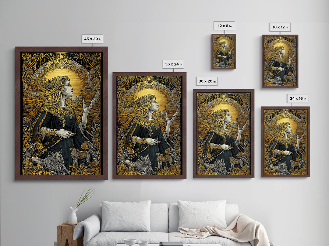 Norse Goddess Freyja Metallic Gold Art Metal Art, Viking Wall Decor framed in natural wood, Nordic Office Art and Unique Gift for Him