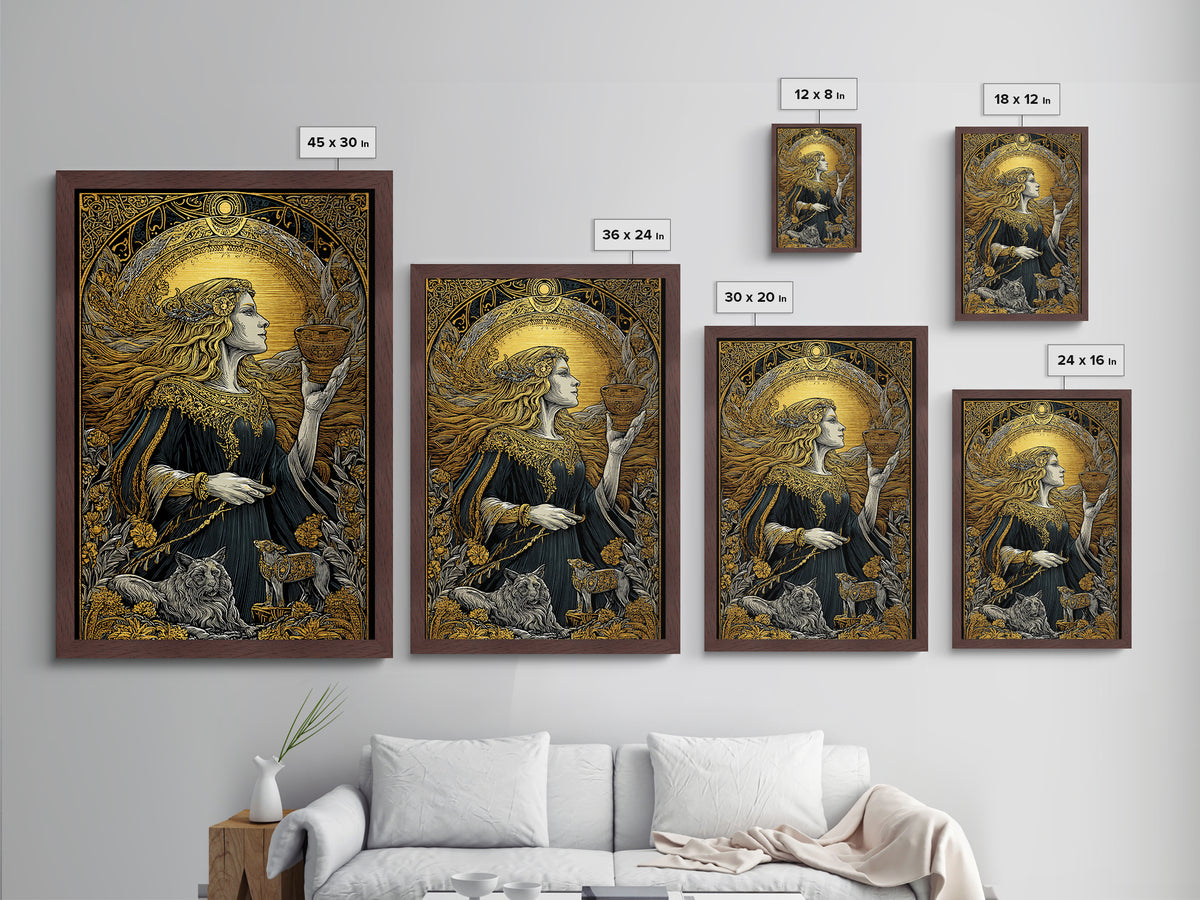 Norse Goddess Freyja Metallic Gold Art Metal Art, Viking Wall Decor framed in natural wood, Nordic Office Art and Unique Gift for Him
