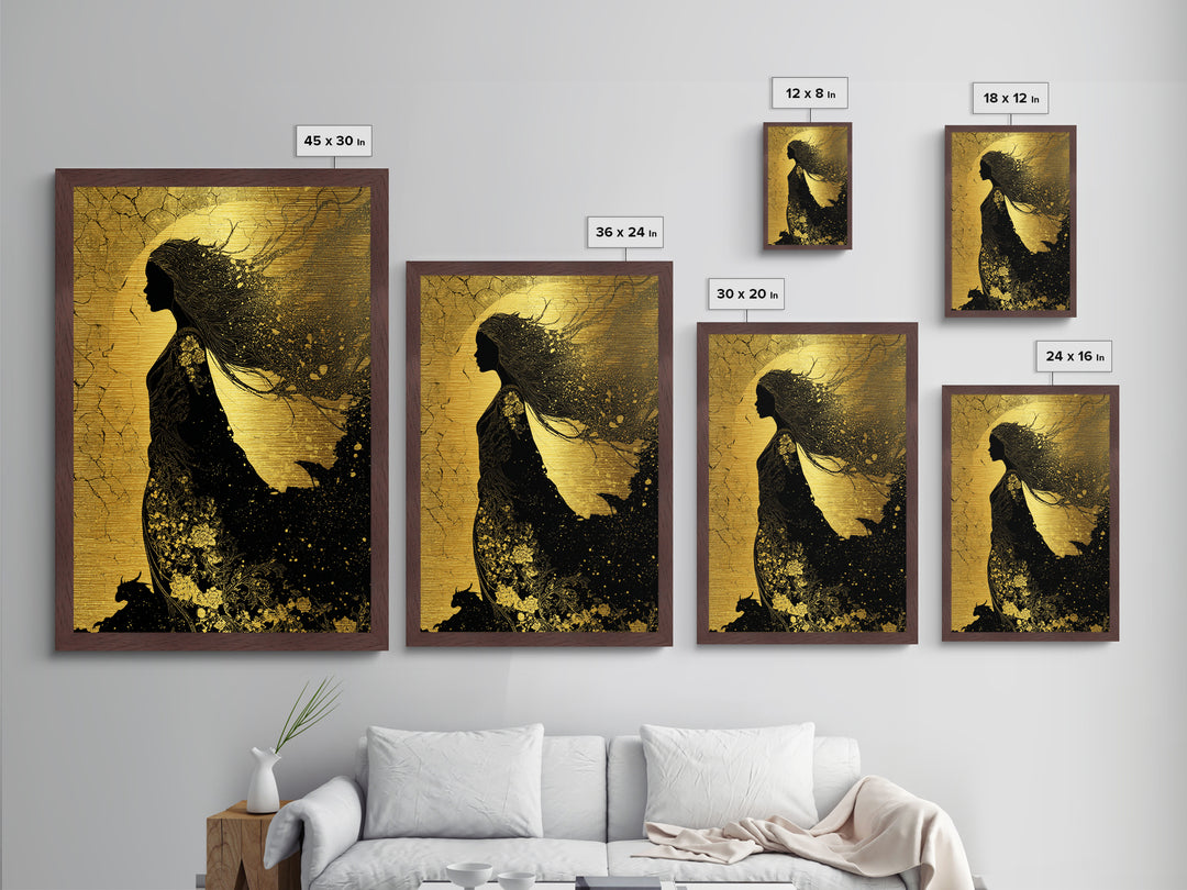 Freyja Norse Goddess Metallic Gold Art Metal Art, Viking Mythology Wall Decor, framed in real wood, Elegant Office and Man Cave Gift