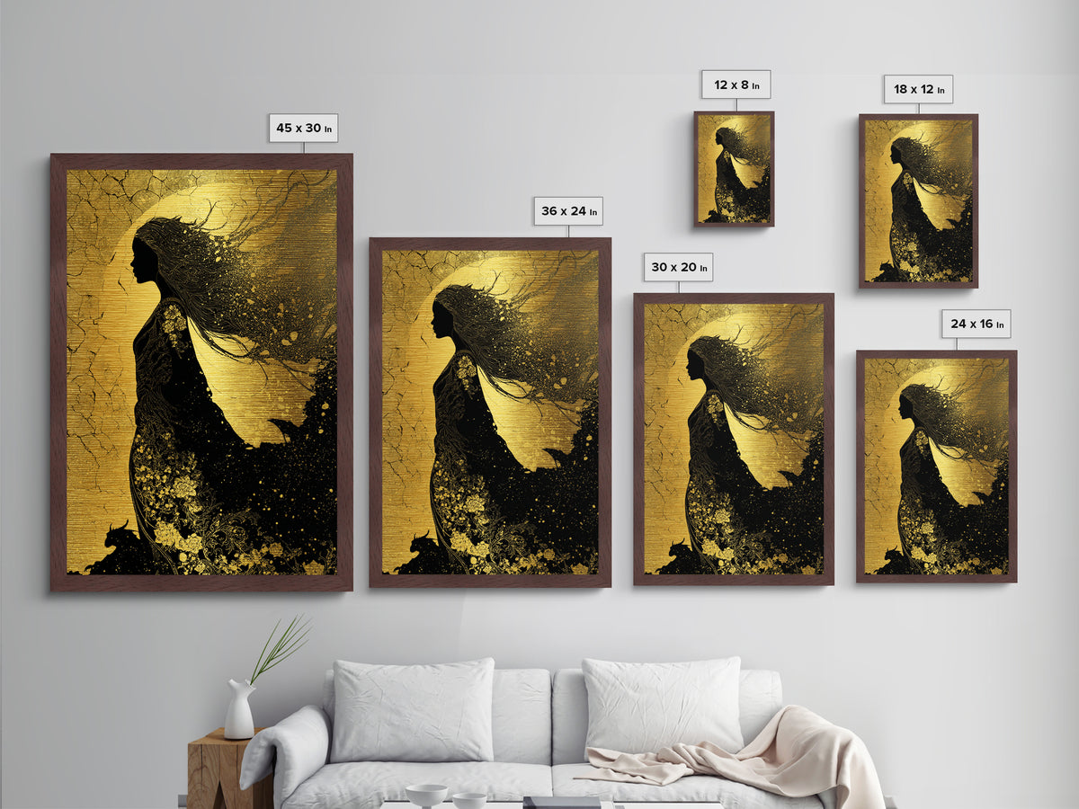 Freyja Norse Goddess Metallic Gold Art Metal Art, Viking Mythology Wall Decor, framed in real wood, Elegant Office and Man Cave Gift