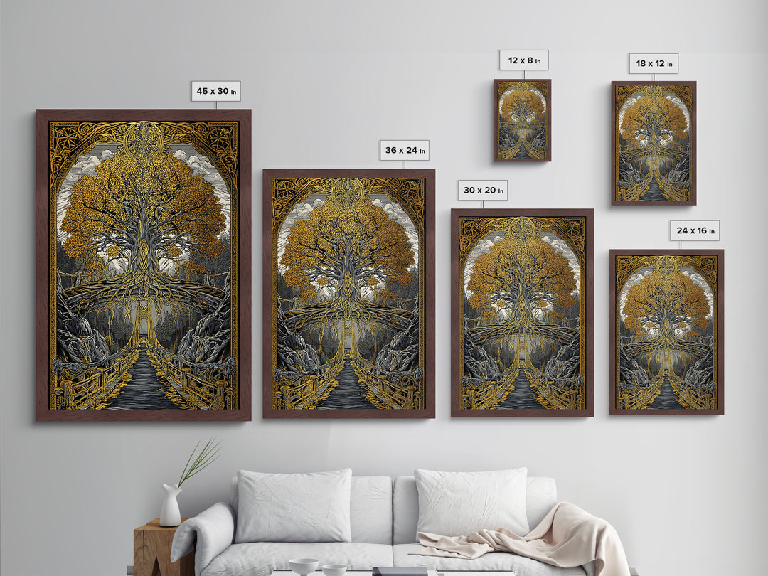 Nordic Helheim Bridge Mythology Print Metallic Gold Art Metal Art Viking Wall Decor for Men Office or Dad Gift framed in wood