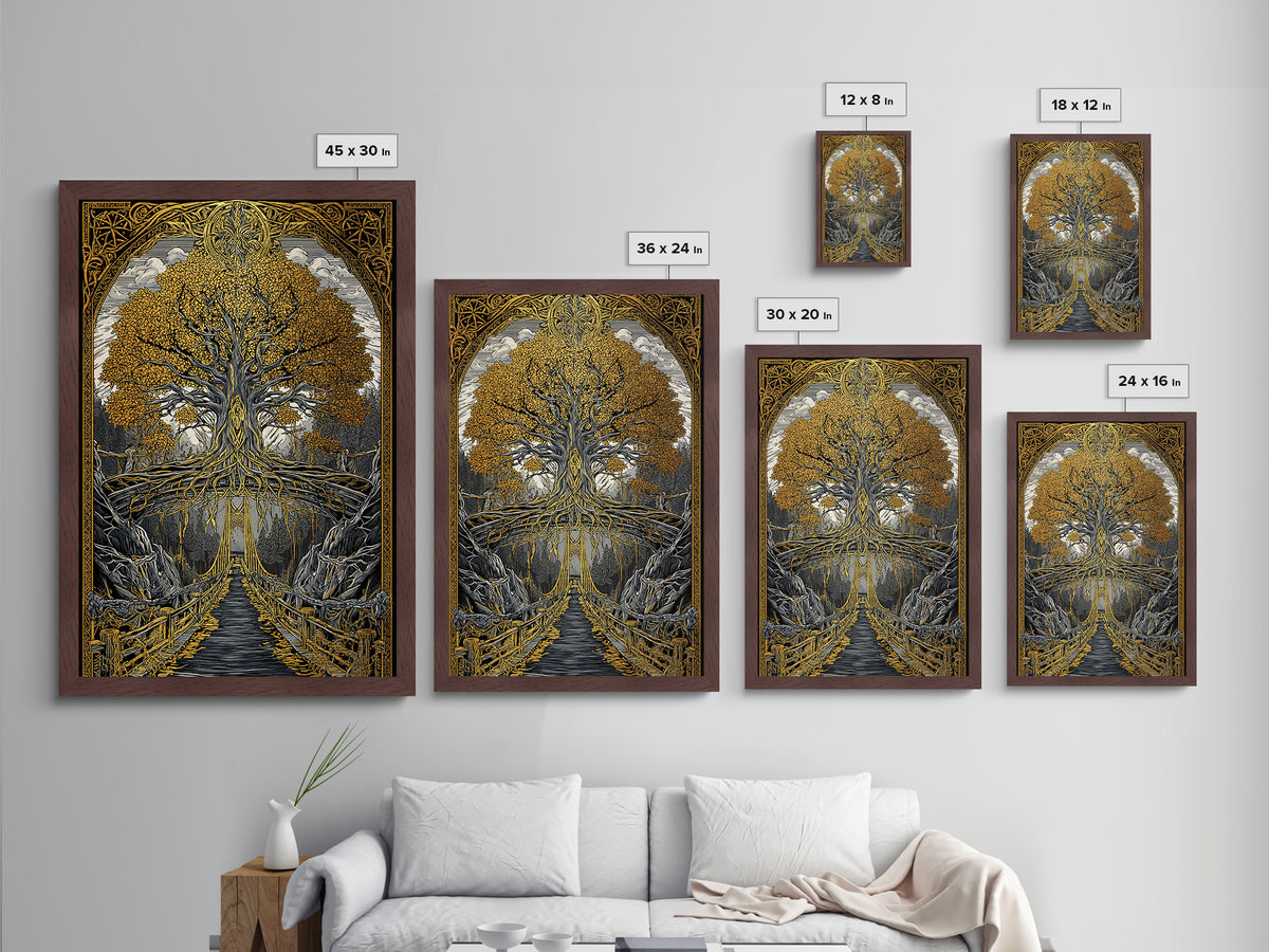 Nordic Helheim Bridge Mythology Print Metallic Gold Art Metal Art Viking Wall Decor for Men Office or Dad Gift framed in wood