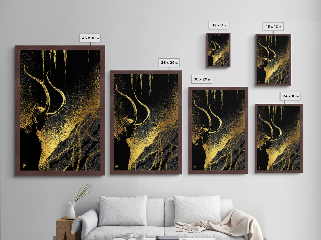 Loki Bound Metallic Gold Art Metal Art | Norse Trickster God Wall Decor | Viking Mythology Man Cave framed in wood