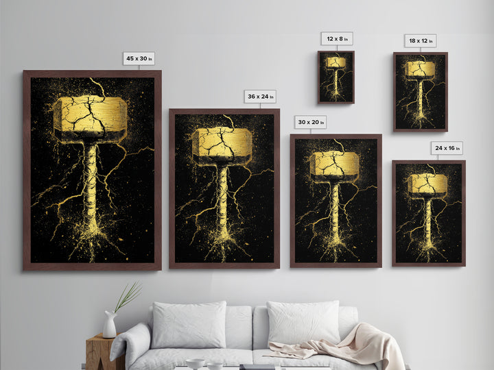 Thor’s Mjolnir Metallic Gold Art, Viking Metal Art from Norse Mythology, framed in real wood, striking office wall art and man cave gift
