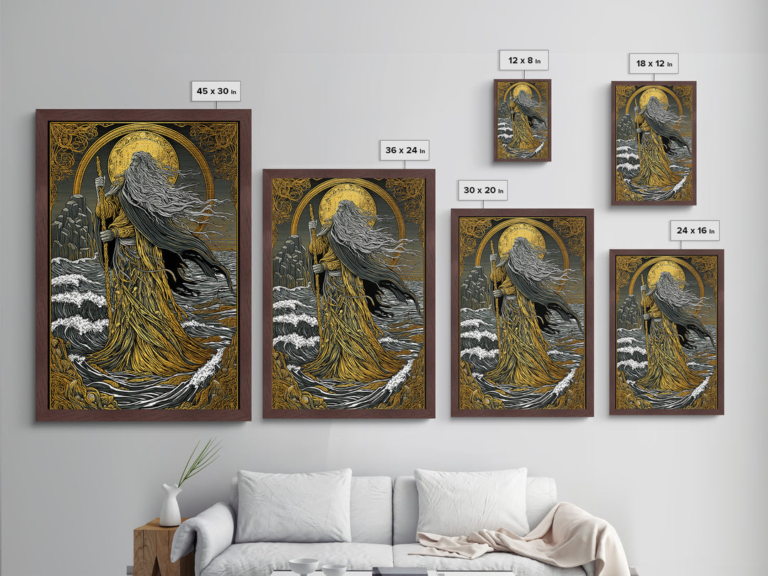 Nordic God Njord Metallic Gold Art, Ocean Deity Norse Mythology Metal Art for Office Wall or Dad Gift, framed with natural wood