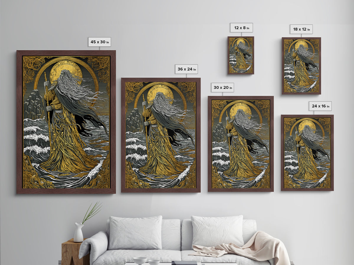 Nordic God Njord Metallic Gold Art, Ocean Deity Norse Mythology Metal Art for Office Wall or Dad Gift, framed with natural wood
