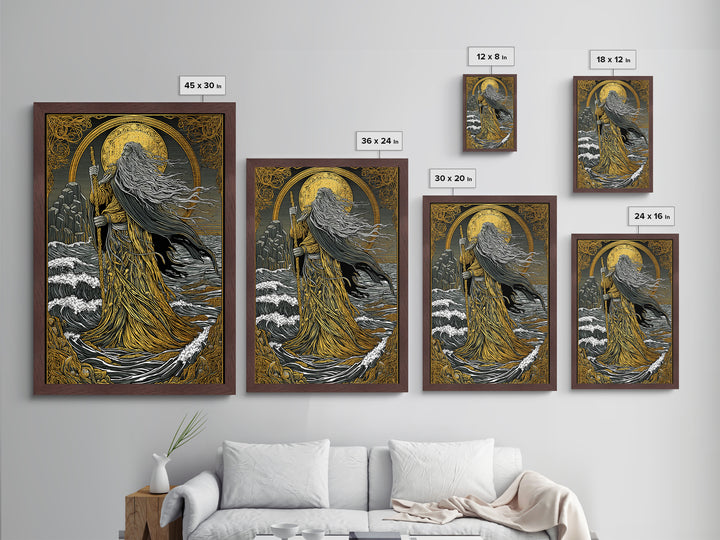 Nordic God Njord Metallic Gold Art, Ocean Deity Norse Mythology Metal Art for Office Wall or Dad Gift, framed with natural wood
