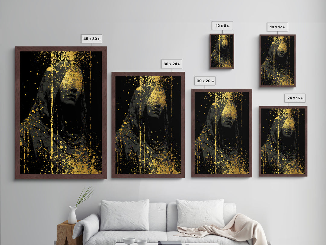 Nordic Hooded Seer Metallic Gold Art Metal Art – Norse Mythology Office Wall Art, Mystic Viking Decor in handcrafted wood frame