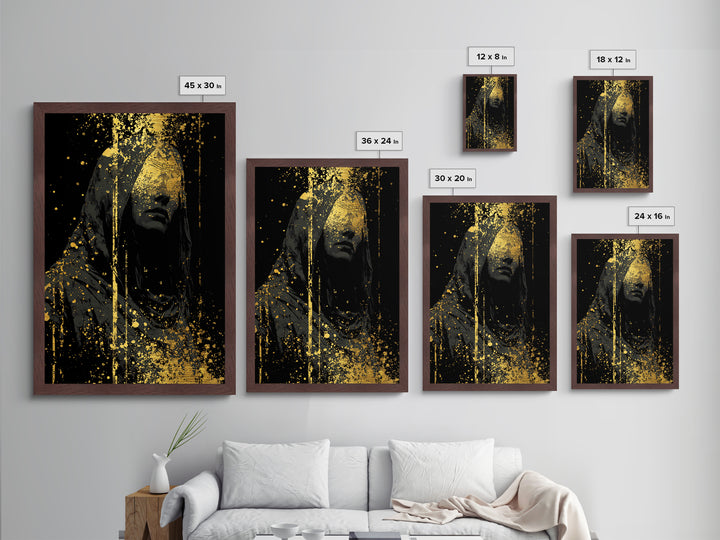 Nordic Hooded Seer Metallic Gold Art Metal Art – Norse Mythology Office Wall Art, Mystic Viking Decor in handcrafted wood frame