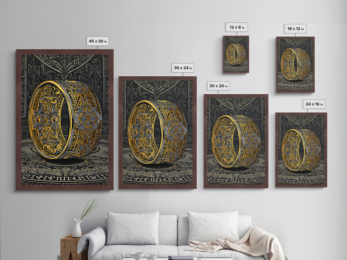 Metallic Gold Art Ornate Norse Ring Metal Art – Nordic Mythology Viking Jewelry Wall Art, Unique Dad Gift framed with natural wood