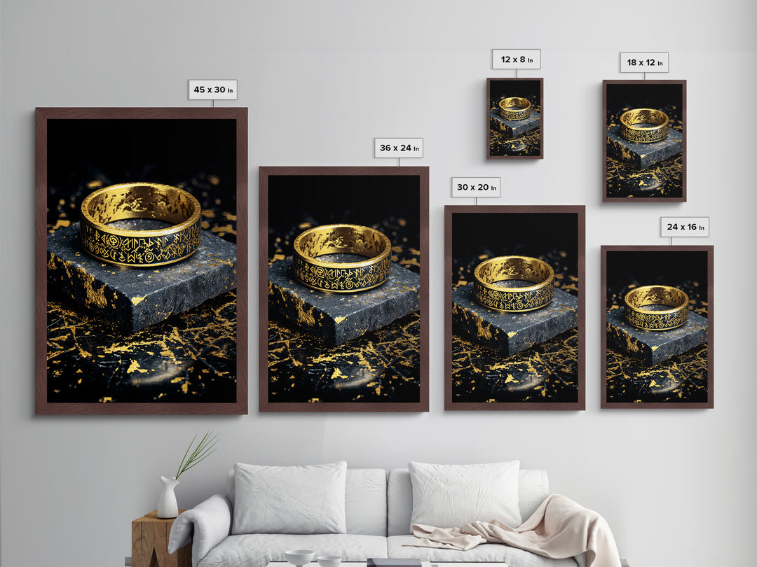 Norse Rune Ring Metallic Gold Art Metal Art – Viking Jewelry Inspired Office Wall Art, Nordic Man Cave Decor framed in wood frame