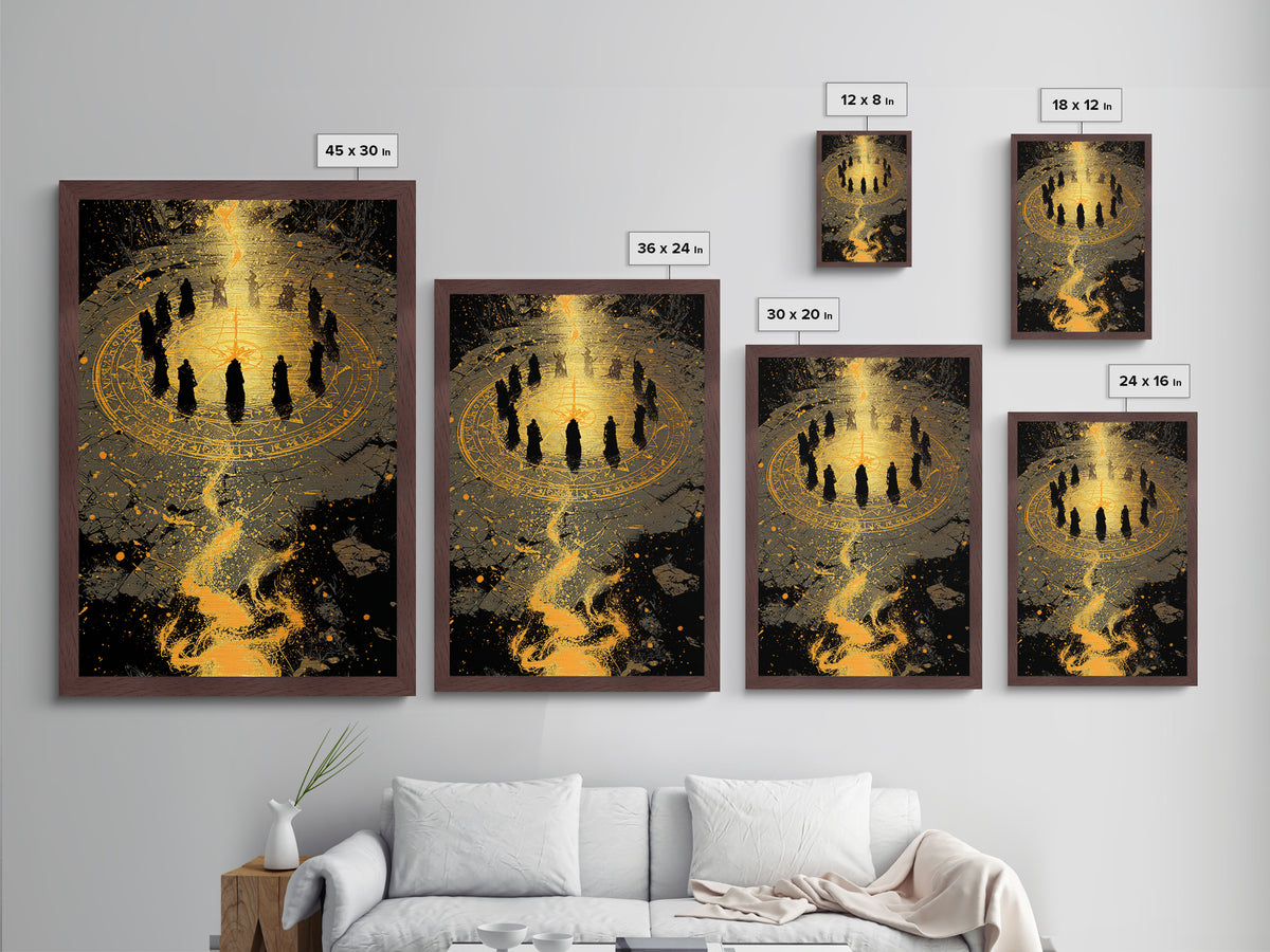 Mystical Norse Ritual Gathering Metallic Gold Art, Viking Pagan Metal Art Wall Hanging with real wood frame, Dad Gift or Office Art