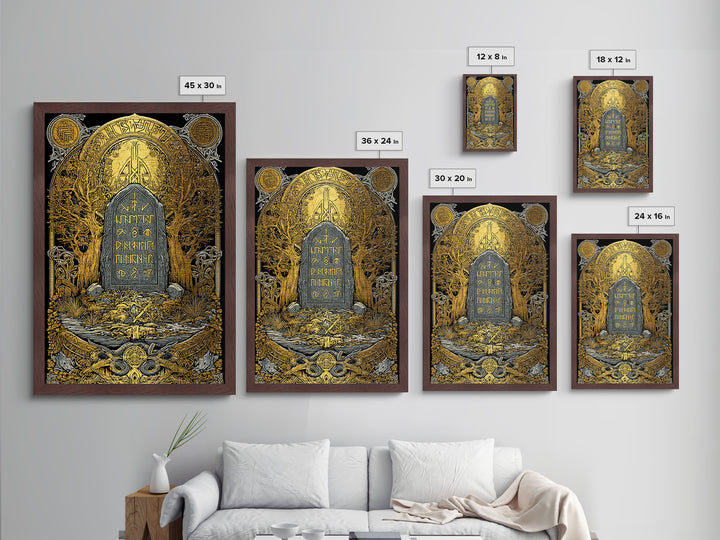Norse Rune Carved Monolith Metallic Gold Art, Viking Metal Art for Dad Gift or Office, natural wood frame adds authentic Nordic style