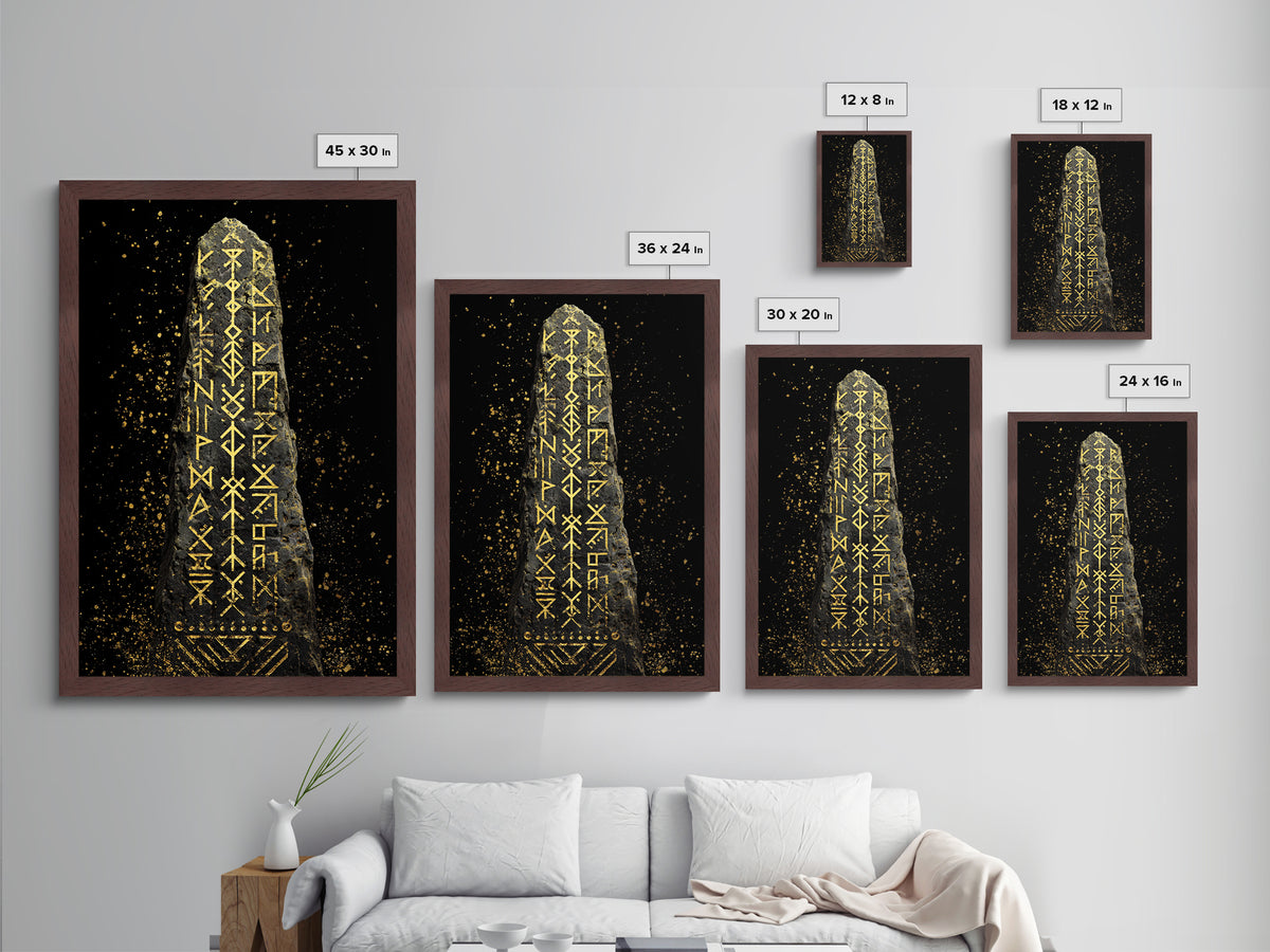 Golden Norse Rune Stone Metallic Gold Art, Mythology Inspired Viking Metal Art framed in real wood, Office Art or Man Cave Accent