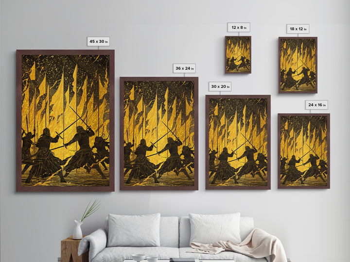 Warriors Clash in Fiery Nordic Battle Metallic Gold Art, Viking Combat Metal Art framed with real wood, Man Cave Office Wall Accent
