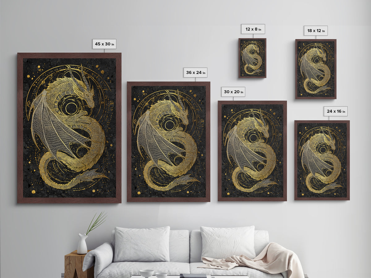 Nordic Dragon Metallic Gold Art, Viking Mythology Metal Art for Man Cave or Office, framed in natural real wood for dad gift