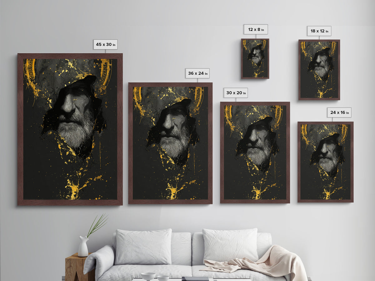 Odin Metallic Gold Art Norse God Portrait, Viking Mythology Metal Art with real wood frame, masculine Nordic wall art for man cave