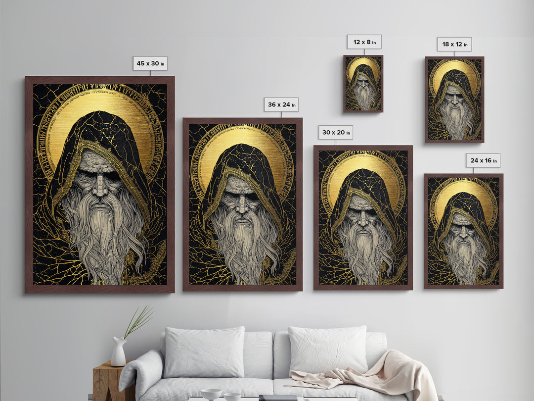 Norse God Odin Metallic Gold Art, Viking Mythology Metal Art in natural wood frame, powerful Nordic wall art for office or man cave