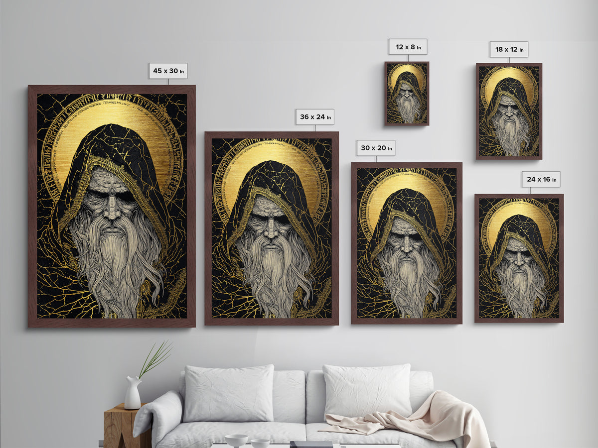 Norse God Odin Metallic Gold Art, Viking Mythology Metal Art in natural wood frame, powerful Nordic wall art for office or man cave