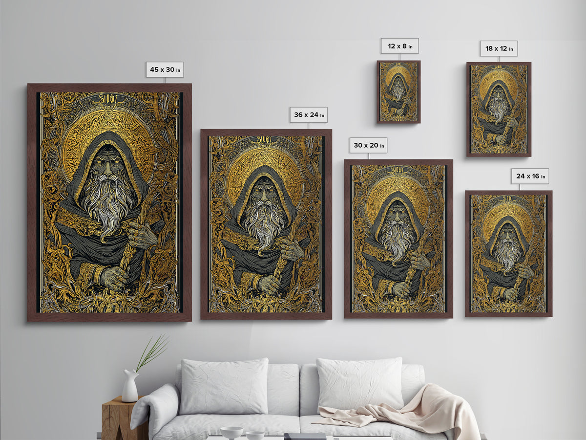 Viking Odin Metallic Gold Art, Nordic Mythology Metal Art with real wood frame, masculine office wall art or unique Norse gift for dad