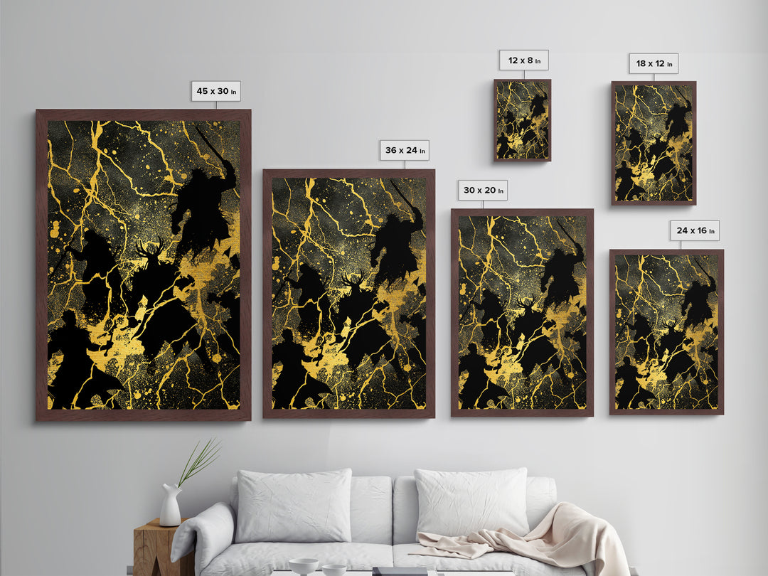 Epic Ragnarok Battle Scene Nordic Wall Art, Metallic Gold Art and Metal Art, Norse Gods Lightning Design with natural wood frame