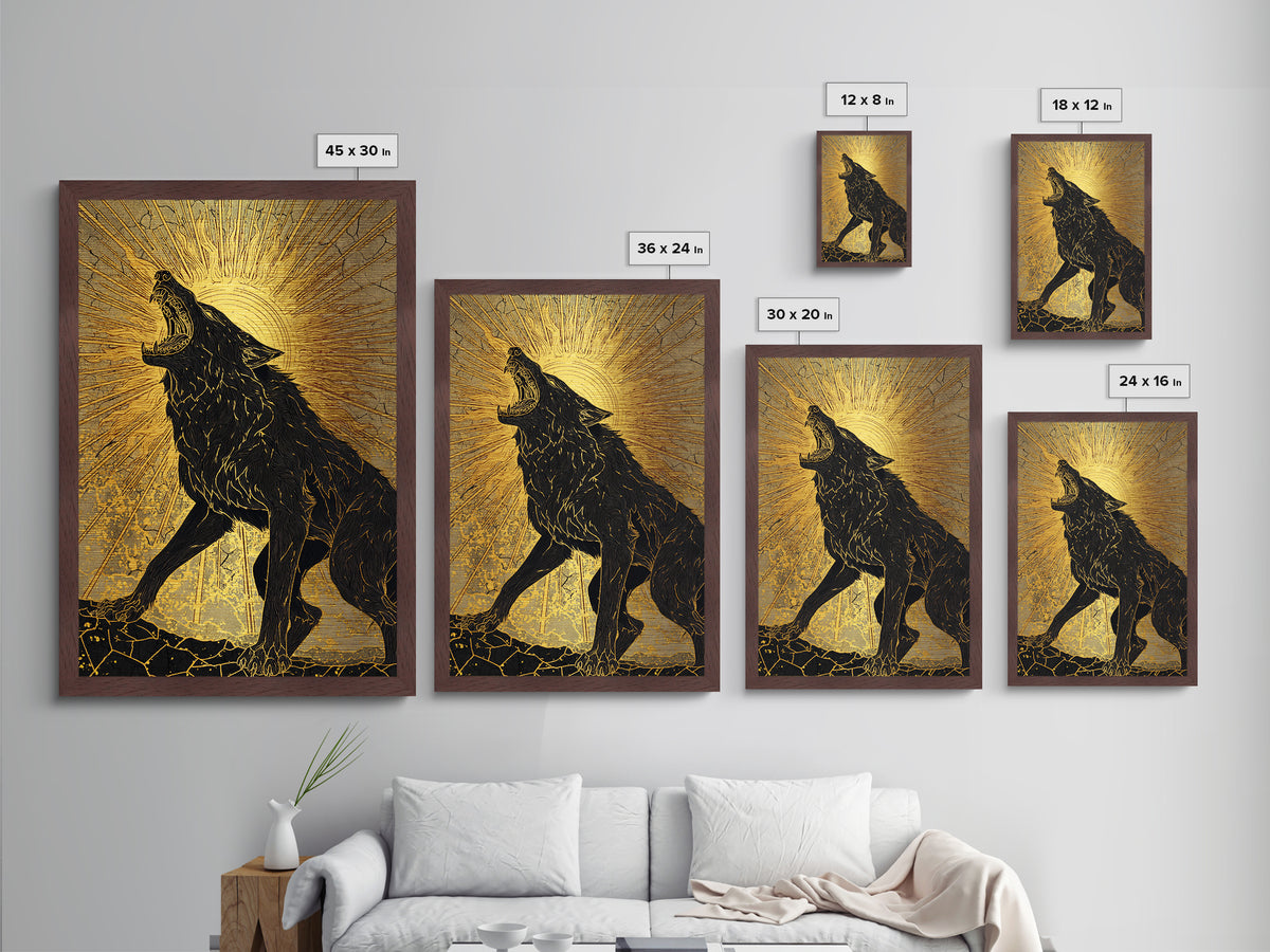Nordic Fenrir Wolf Metal Art, Metallic Gold Art with Norse Mythology Sun Chaser Wolf, Man Cave Decor framed in authentic wood
