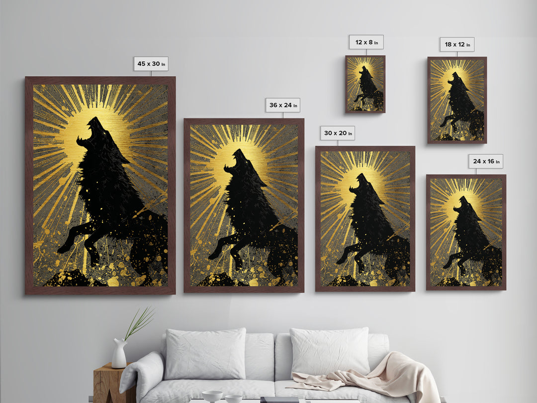 Fenrir Howling Wolf Metallic Gold Art, Norse Mythology Metal Art with Viking Wolf Symbolism, Office Wall Decor in real wood frame
