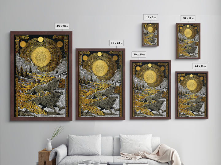 Sköll and Hati Wolves Norse Mythology Art, Metallic Gold Art and Metal Art, Viking Wolf Chasing Sun and Moon framed in wood