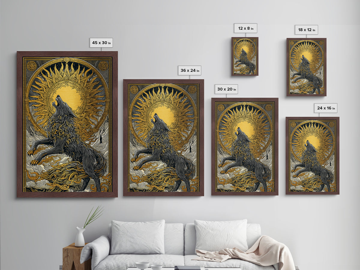 Fenrir Wolf Ragnarok Metal Art, Metallic Gold Art with Norse Mythology Theme, Viking Wolf Office Wall Decor framed in real wood