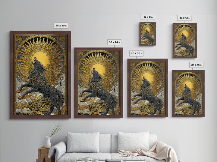 Fenrir Wolf Ragnarok Metal Art, Metallic Gold Art with Norse Mythology Theme, Viking Wolf Office Wall Decor framed in real wood