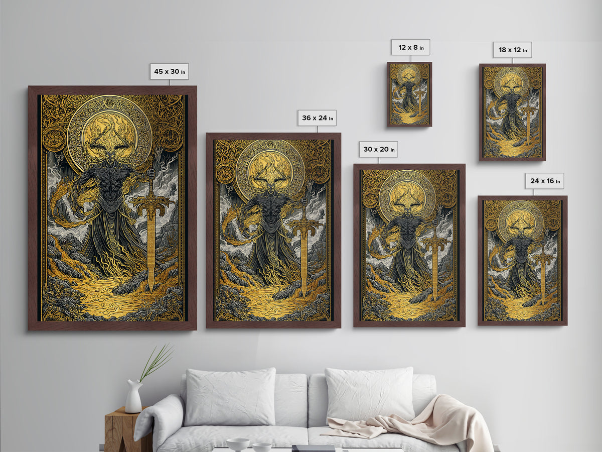 Surtur Fire Giant Norse Mythology Metallic Gold Art Viking Metal Art Dad Gift Office Wall Decor framed with natural real wood