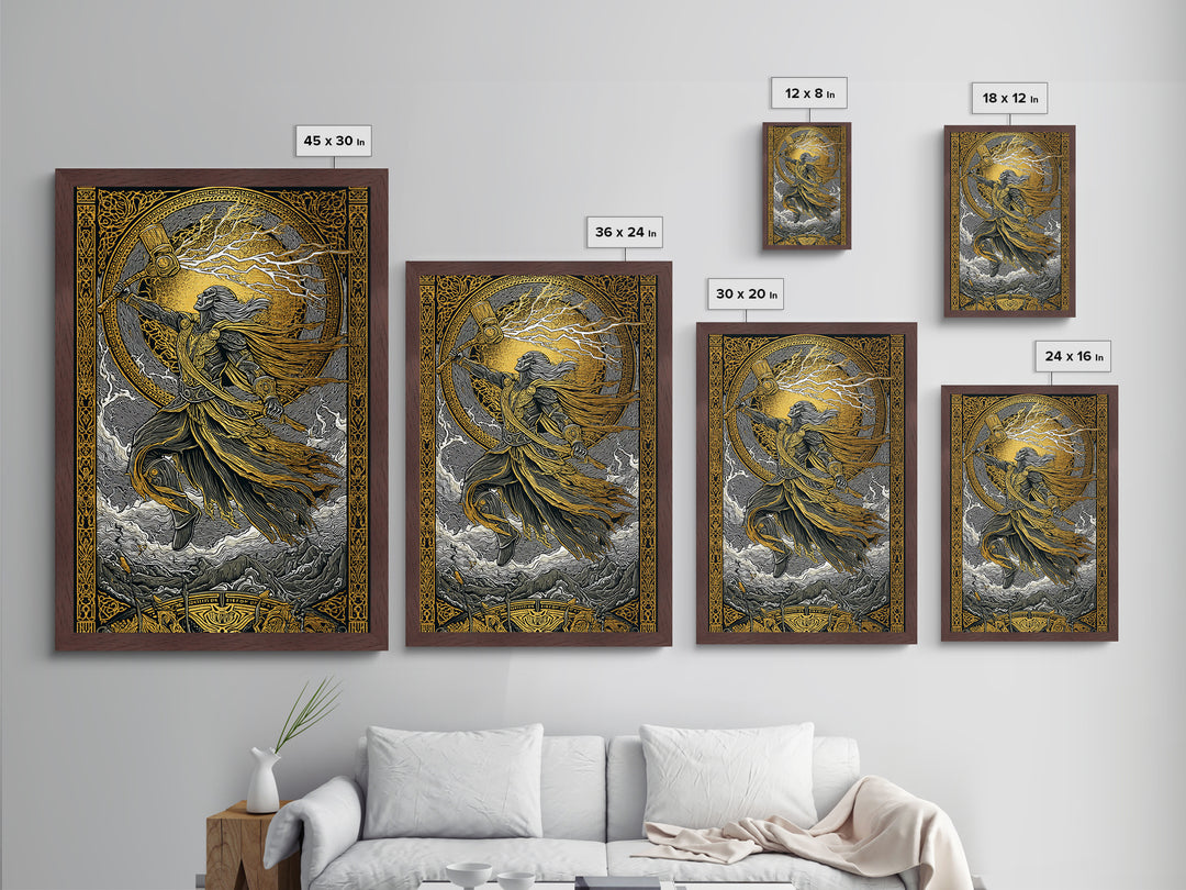Viking Thor Strikes Metallic Gold Art Metal Art with real wood frame, Norse Mythology Wall Art Perfect for Man Cave or Office