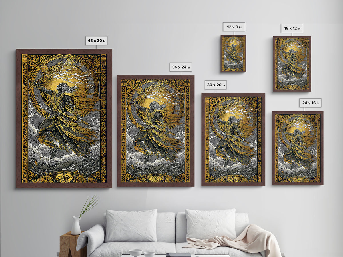 Viking Thor Strikes Metallic Gold Art Metal Art with real wood frame, Norse Mythology Wall Art Perfect for Man Cave or Office
