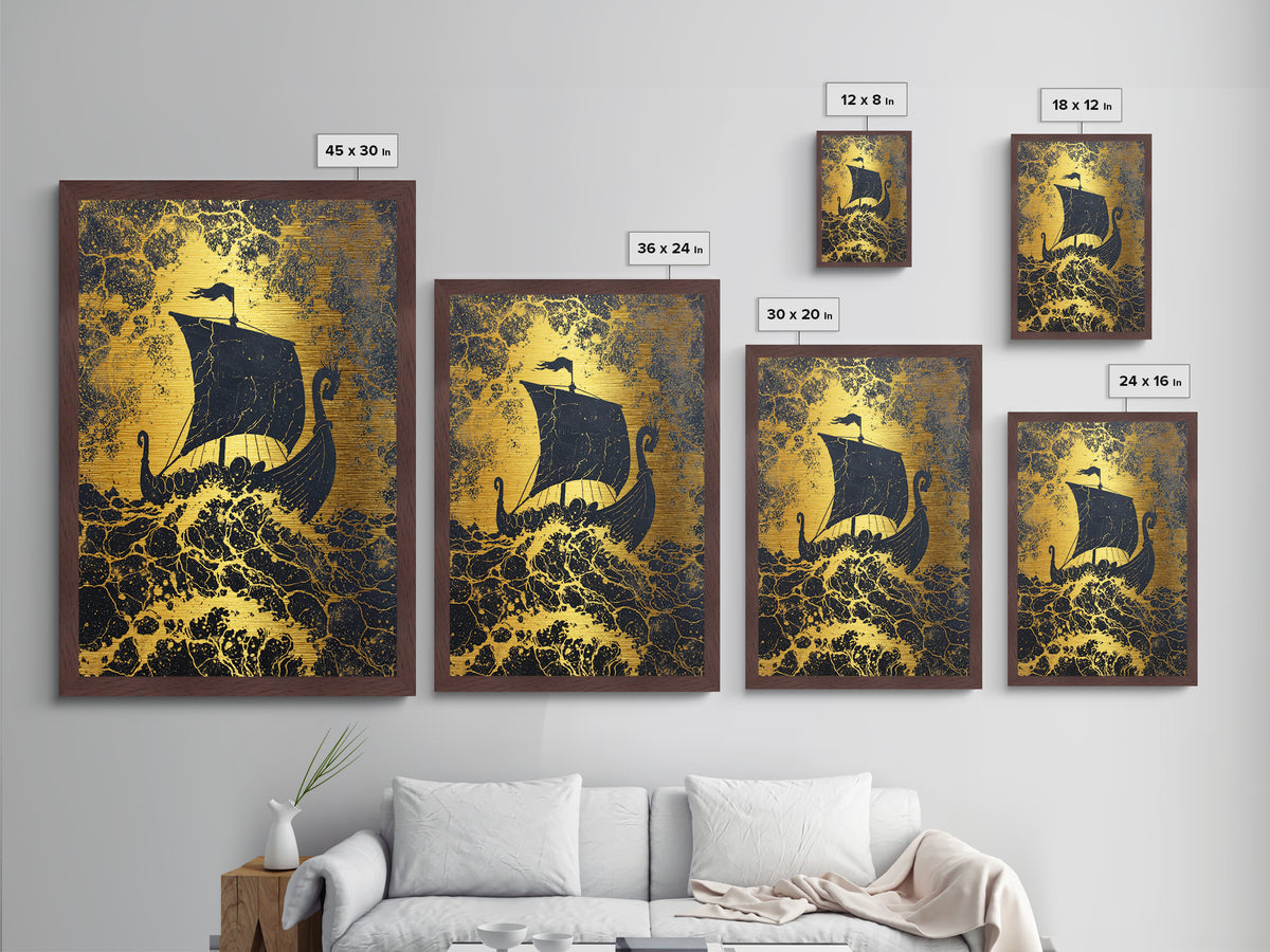 Bull Skull Nordic Totem Metallic Gold Art, Viking Metal Art with Mythology Detail, unique office decor framed in solid wood