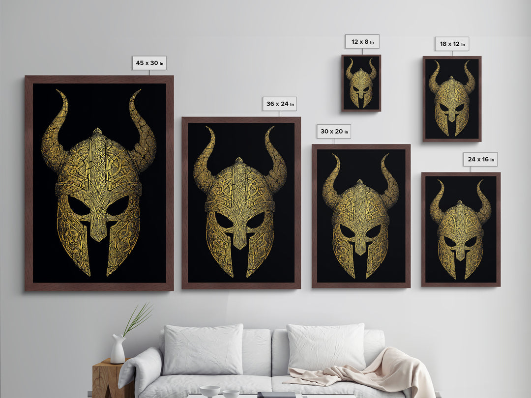 Norse Rune Monolith Metallic Gold Art, Nordic Mythology Metal Art Statement Piece for Office Decor, framed in real wood design