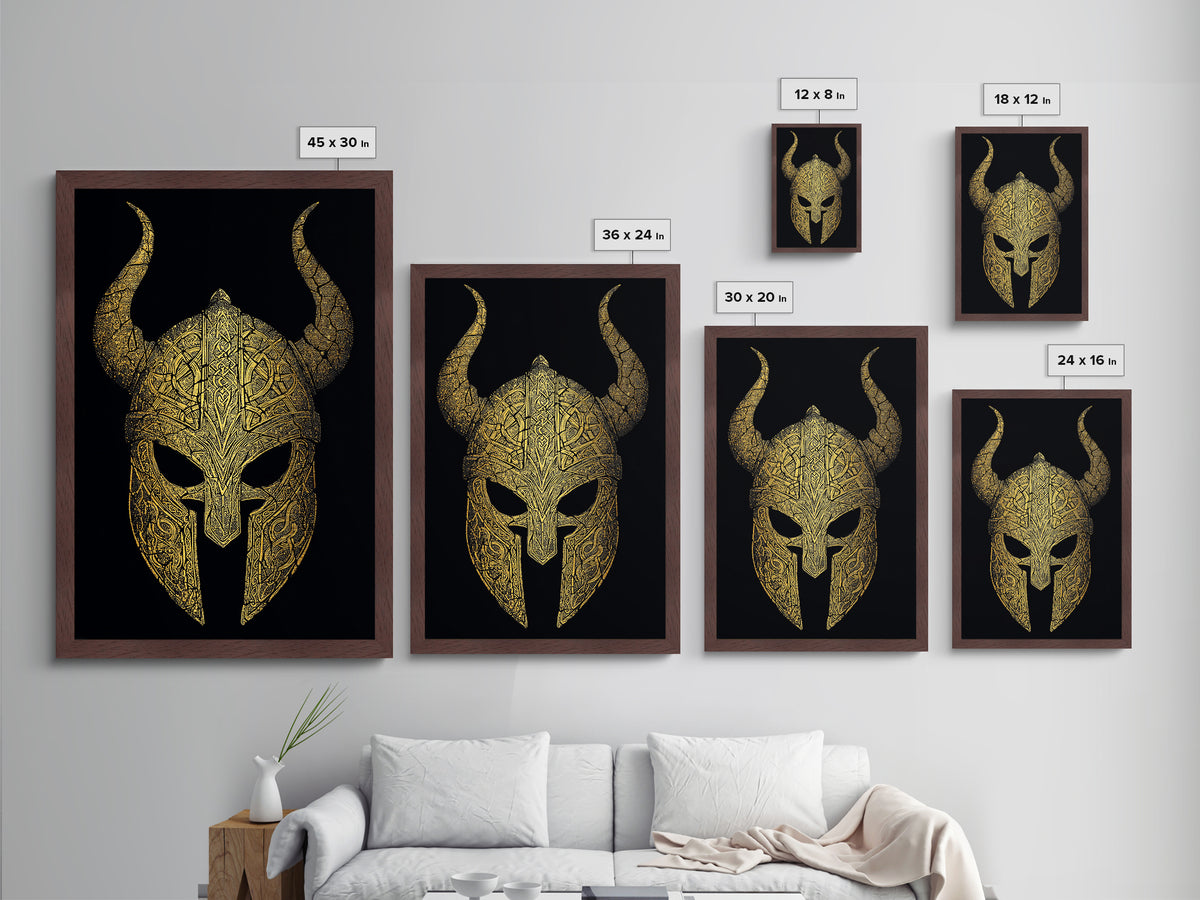 Norse Rune Monolith Metallic Gold Art, Nordic Mythology Metal Art Statement Piece for Office Decor, framed in real wood design