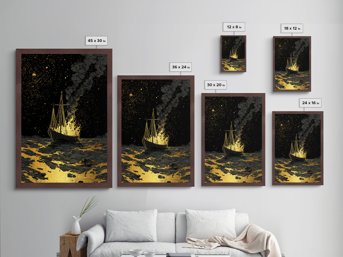 Metallic Gold Art Metal Art Viking Ship with Dragon Sail Nordic Mythology Decor Man Cave Wall Art Dad Gift with Real Wood Frame