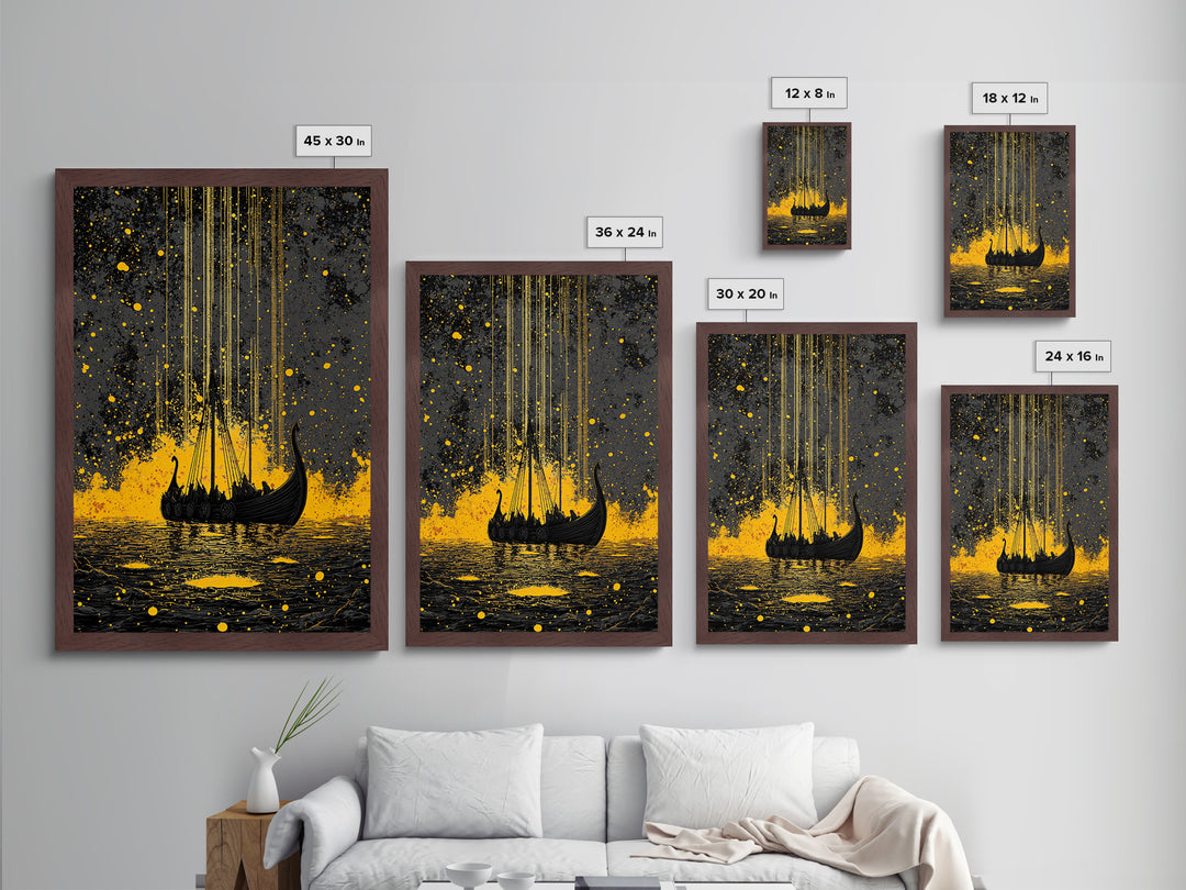 Nordic Longship Ocean Voyage Metallic Gold Art Metal Art Viking Decor for Men’s Office or Den Framed in Solid Wood Handmade