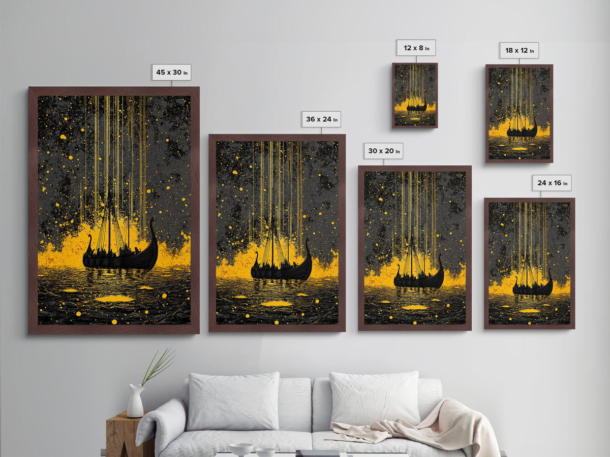Nordic Longship Ocean Voyage Metallic Gold Art Metal Art Viking Decor for Men’s Office or Den Framed in Solid Wood Handmade