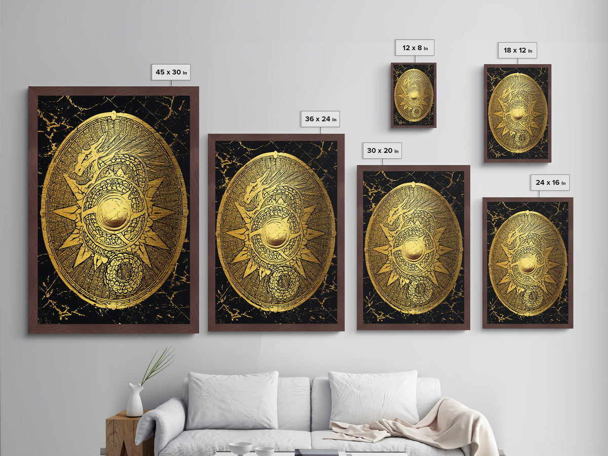 Norse Dragon Shield Metallic Gold Art, Viking Inspired Metal Art for Men’s Office or Dad Gift, crafted with real wood frame