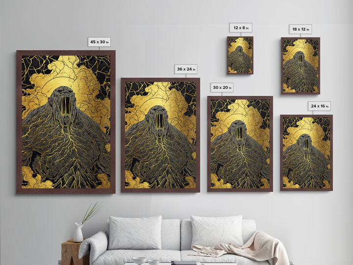 Nordic Ymir Mythology Metallic Gold Art Metal Art | Giant Norse Wall Decor in Real Wood Frame | Man Cave, Office & Dad Gift Art
