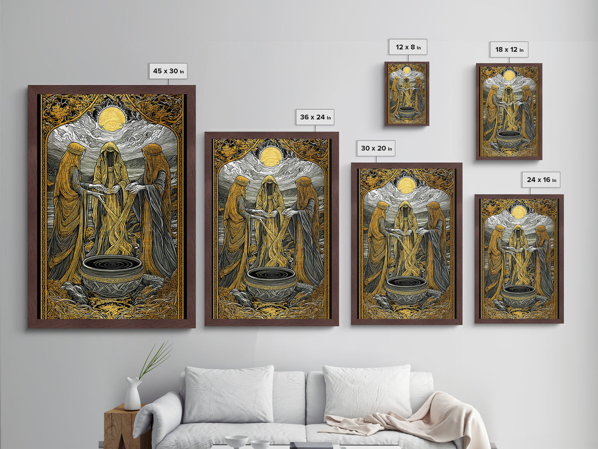 Norns Weaving Fate Metallic Gold Art, Norse Mythology Metal Art of Urd, Verdandi, Skuld, Viking Wall Art framed in real wood