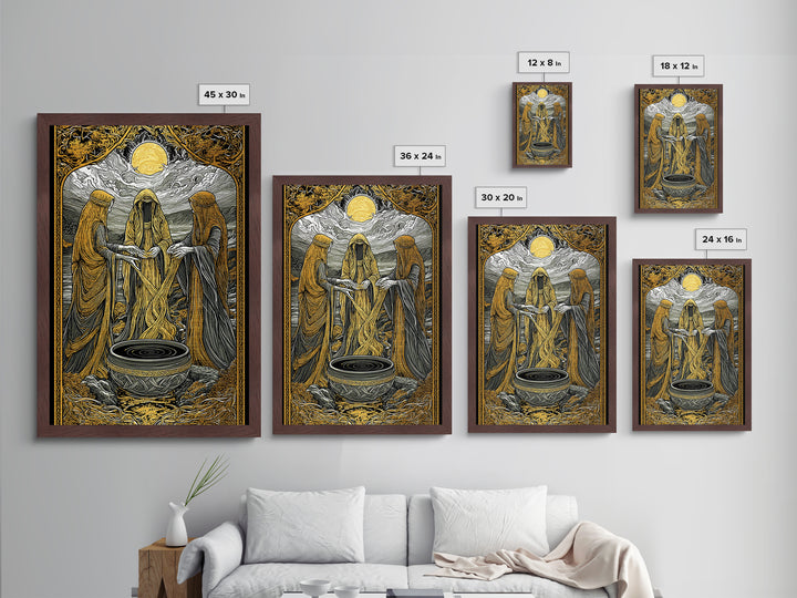 Norns Weaving Fate Metallic Gold Art, Norse Mythology Metal Art of Urd, Verdandi, Skuld, Viking Wall Art framed in real wood