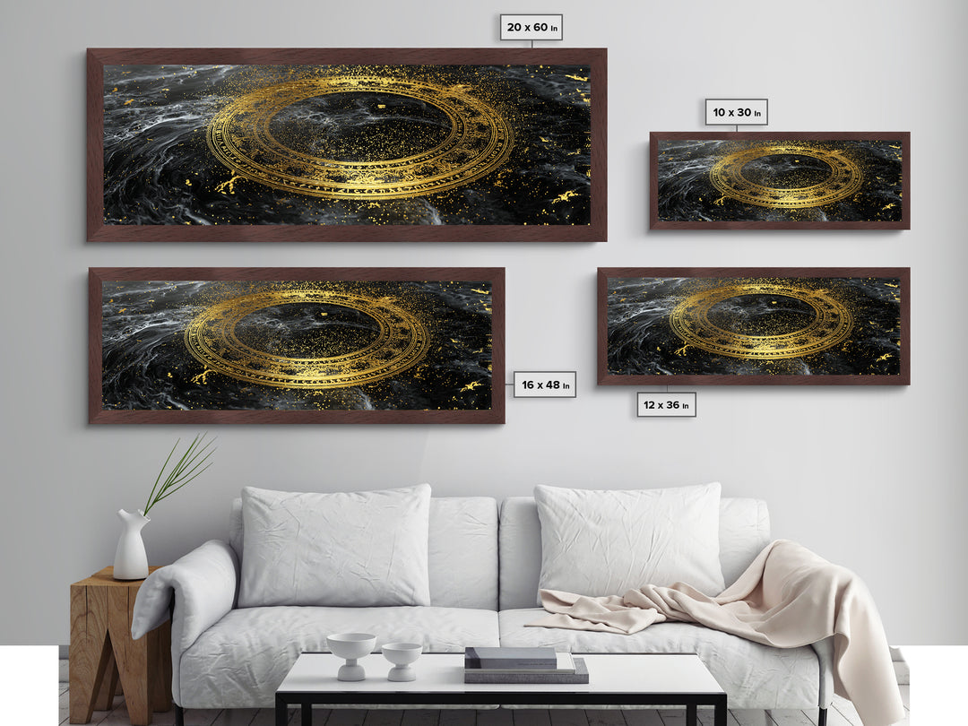 Norse Runes Metallic Gold Art, Viking Symbol Metal Art framed in real wood, Nordic Mythology Office Wall Decor, Man Cave Gift Idea