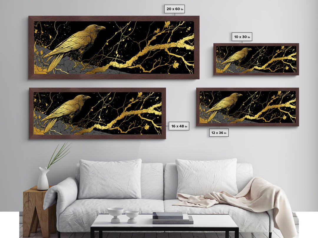 Odin’s Raven Metallic Gold Art Norse Mythology Metal Art Viking Wall Decor with natural wood frame, Man Cave or Office Gift