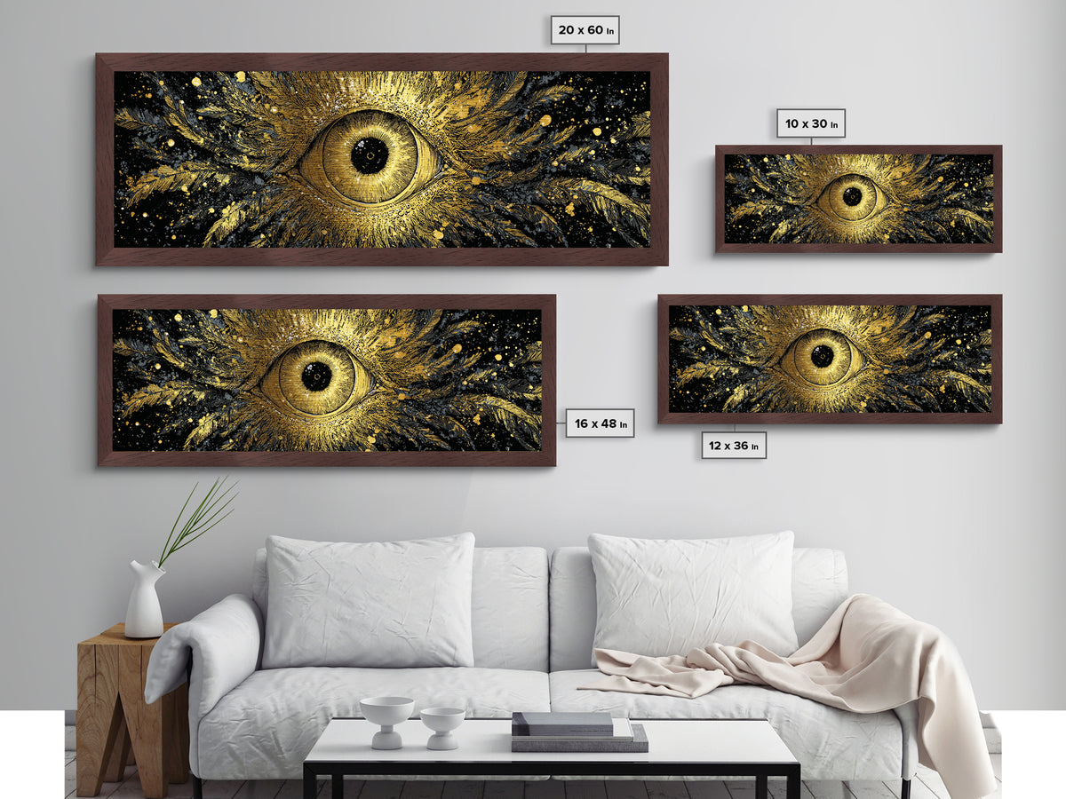 Odin’s All-Seeing Eye Metallic Gold Art Nordic Wall Decor Metal Art for Office or Man Cave, framed in natural wood