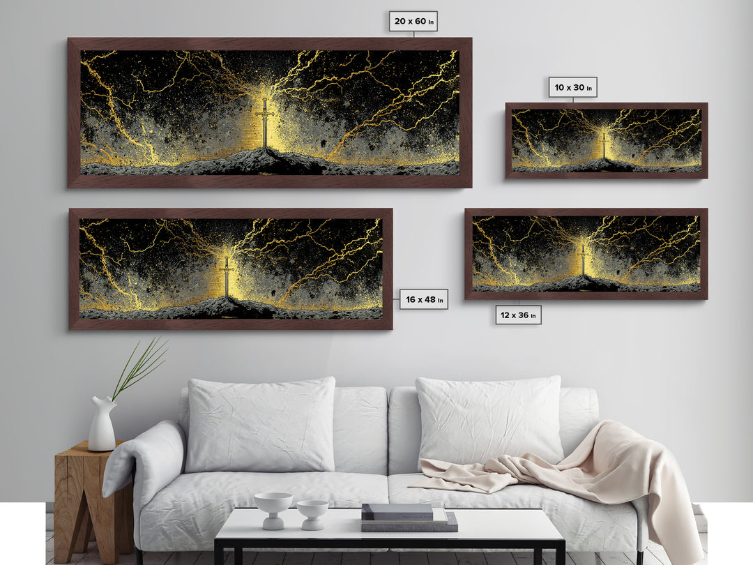 Legendary Sword Metallic Gold Art Norse Mythology Metal Art Wall Decor for Men, Office or Man Cave framed in real wood