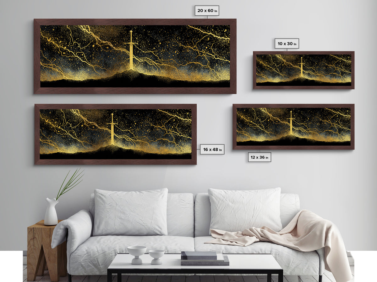 Mythic Sword of the Gods Metallic Gold Art Nordic Wall Decor Metal Art framed in real wood, perfect Man Cave or Dad Gift