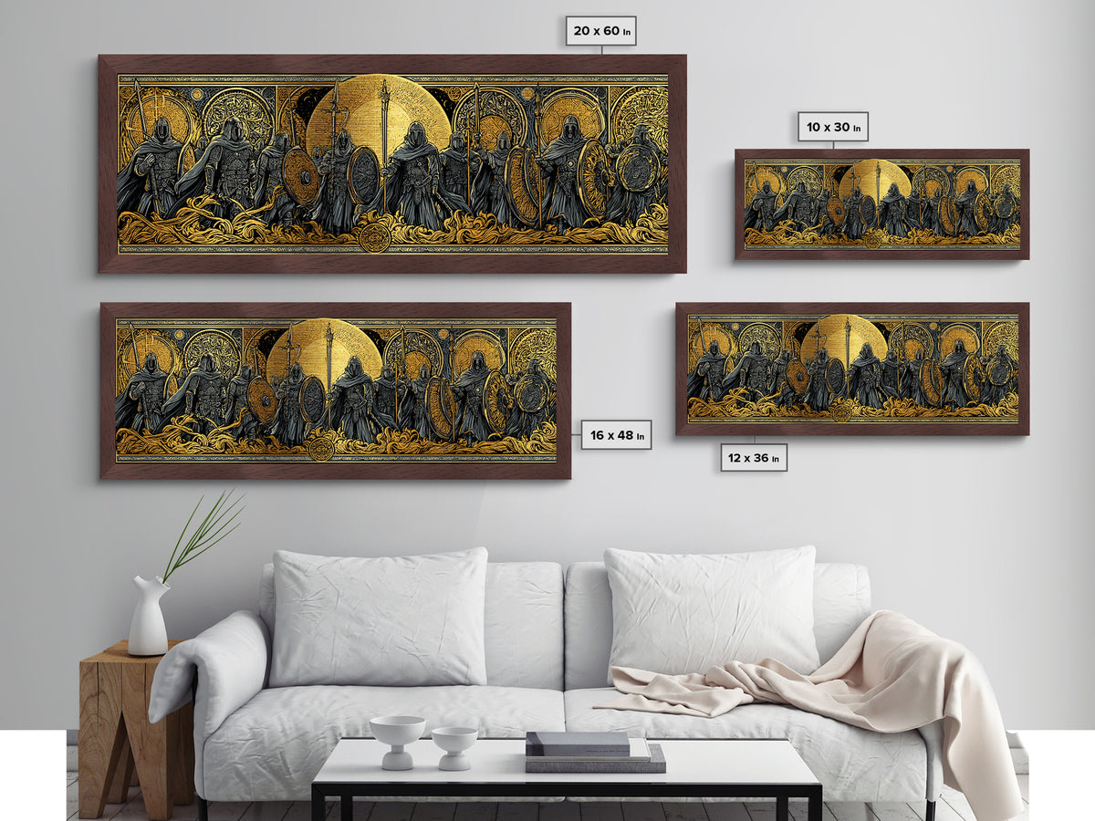 Einherjar Warriors Metallic Gold Art Norse Mythology Metal Art with wood framing, Viking Man Cave Wall Art for Dad Gift